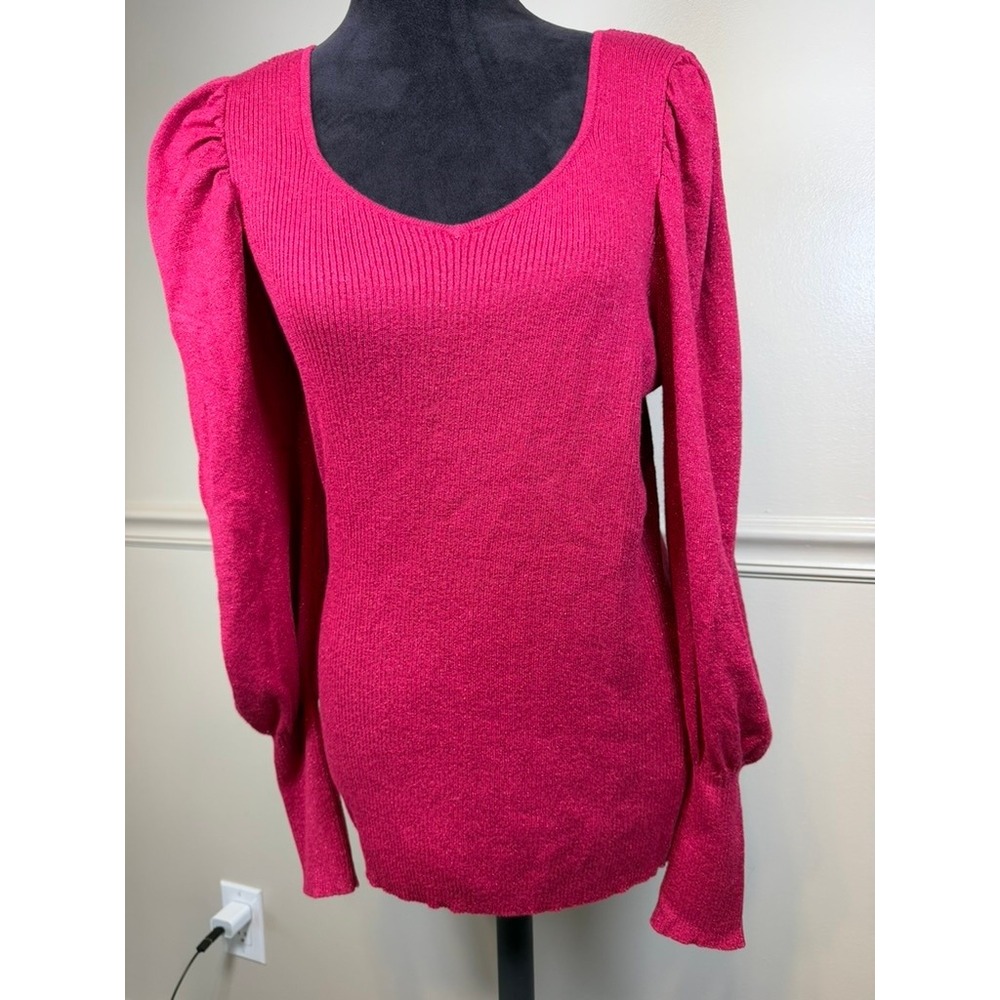Cato Sweater Women Large Pink NWT Metallic Puff Sleeve Ribbed Knit Scoop Neck